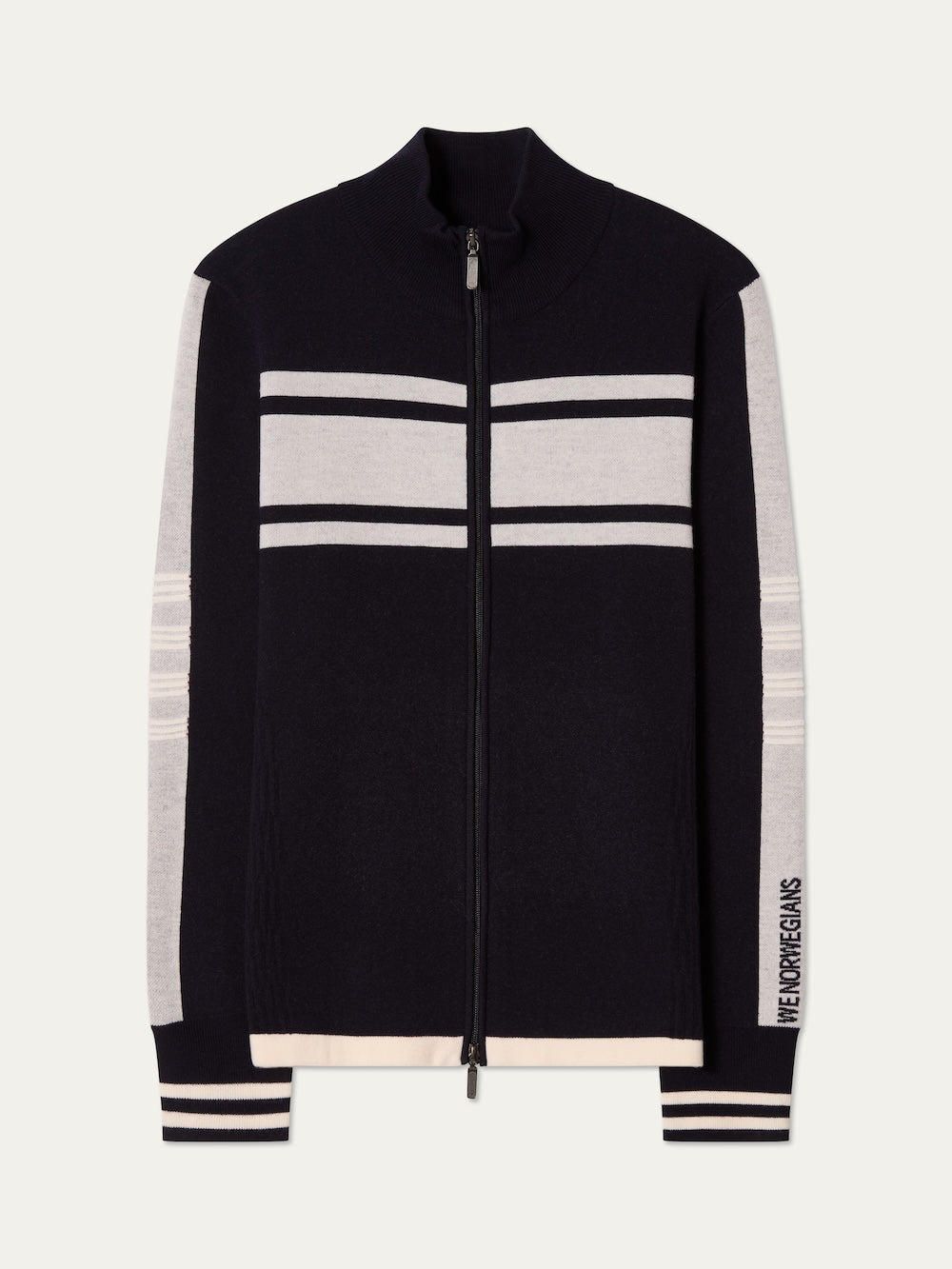 We Norwegians | FW25 | Mens Rocky Full ZipUp_Navy blue | A fine knitted sweater with a 2-way front zipper opening, designed in a retro style with contrasting color blocks on the chest and sleeves | Shot against an off-white background