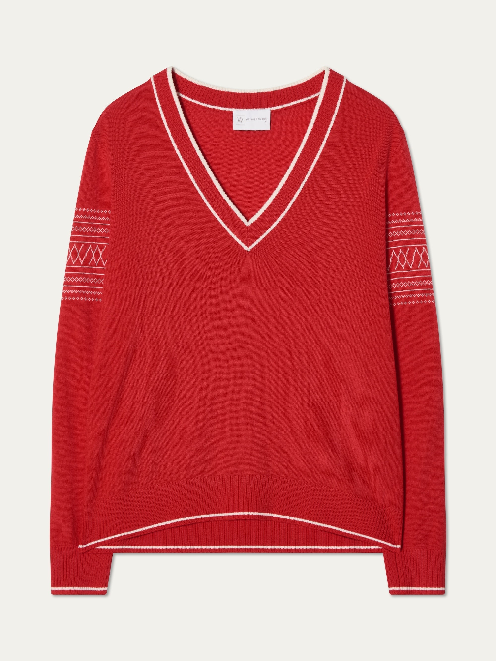 We Norwegians | FW25 | Womens Signature V-neck Sweater_Red | A fine knitted sweater with white edges on the neckline, sleeves and hemline, with the signature setesdal pattern on the sleeves | Shot against an off-white background