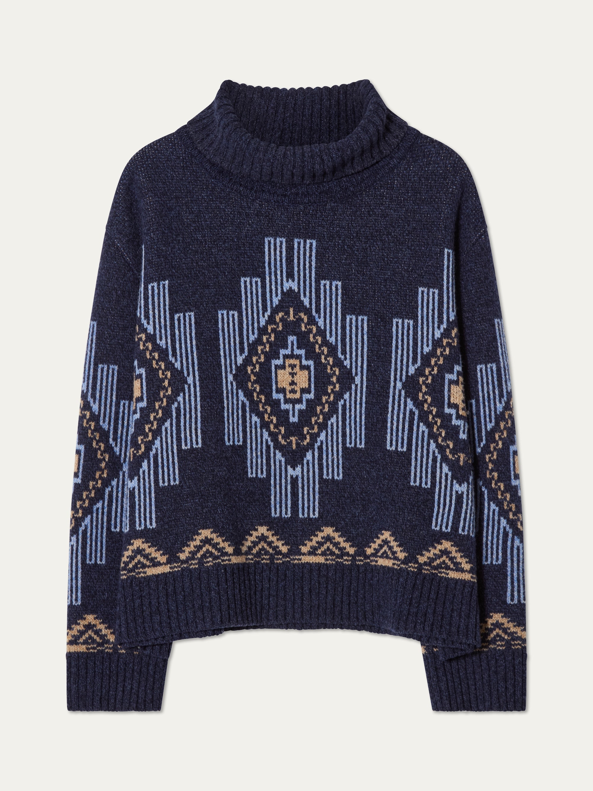 We Norwegians_FW25_Womens | Kautokeino sweater in Navy blue | Comes in a trutle neck and a striking jacquard pattern inspired by Native and Indigenous American art