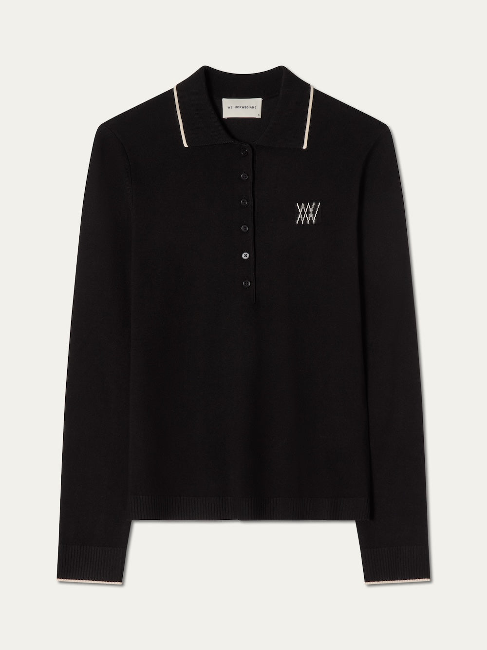 Black long-sleeve polo shirt with white details on an off white background