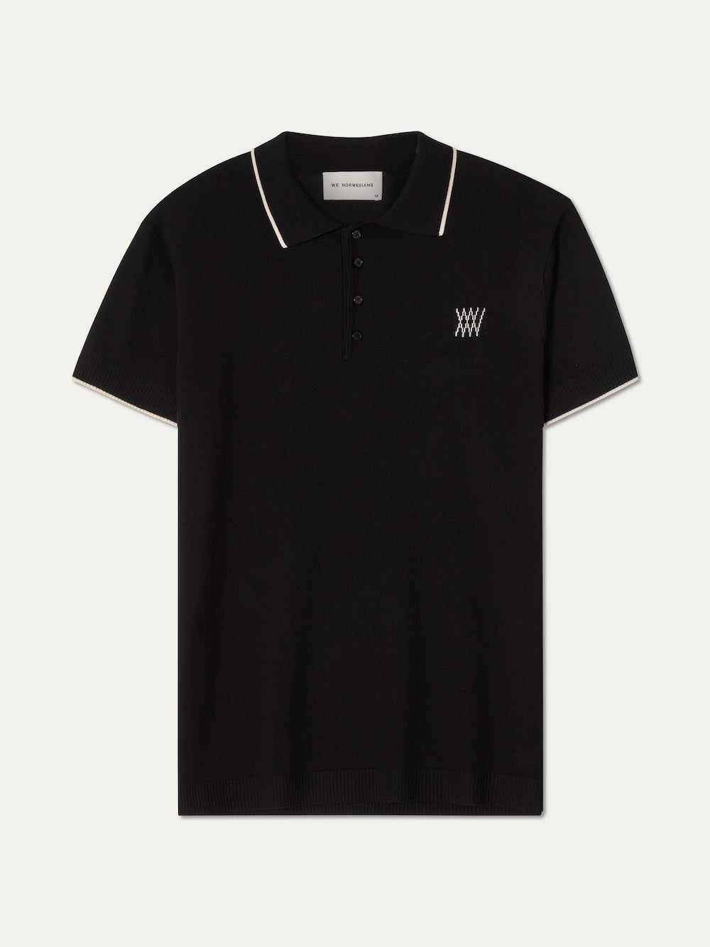 Black polo shirt with white trim on a light background