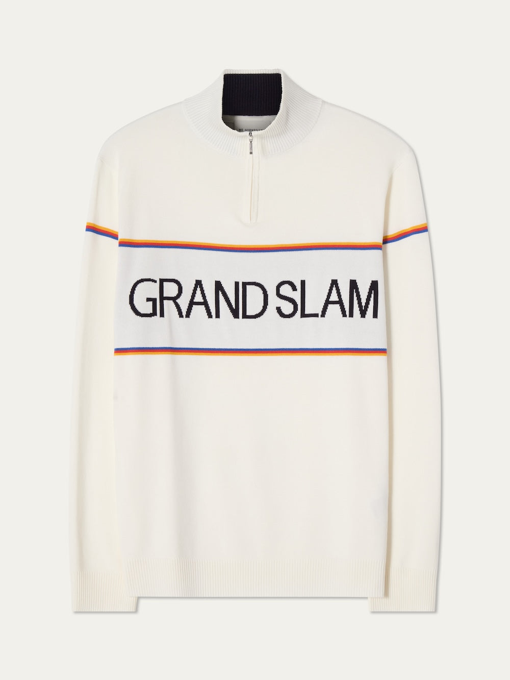 An off white "Grand Slam" sweater against a light background