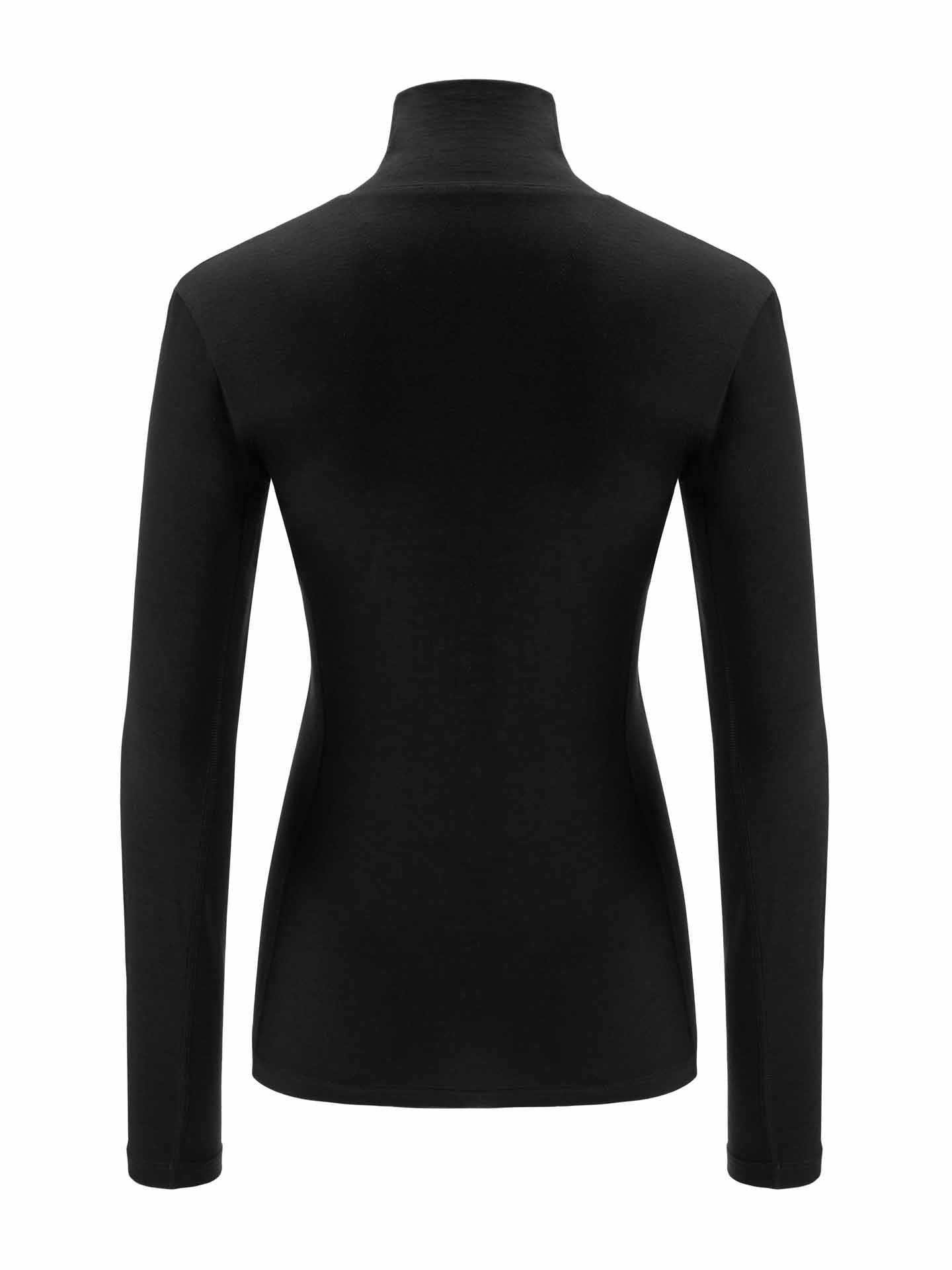 The image shows the back view of the Sno Merino Zip Up Women, a long-sleeved, black turtleneck shirt from We Norwegians. Made from super fine merino wool, this Scandinavian luxury base-layer is form-fitting with a seamless design. The material looks smooth, giving it a sleek appearance.