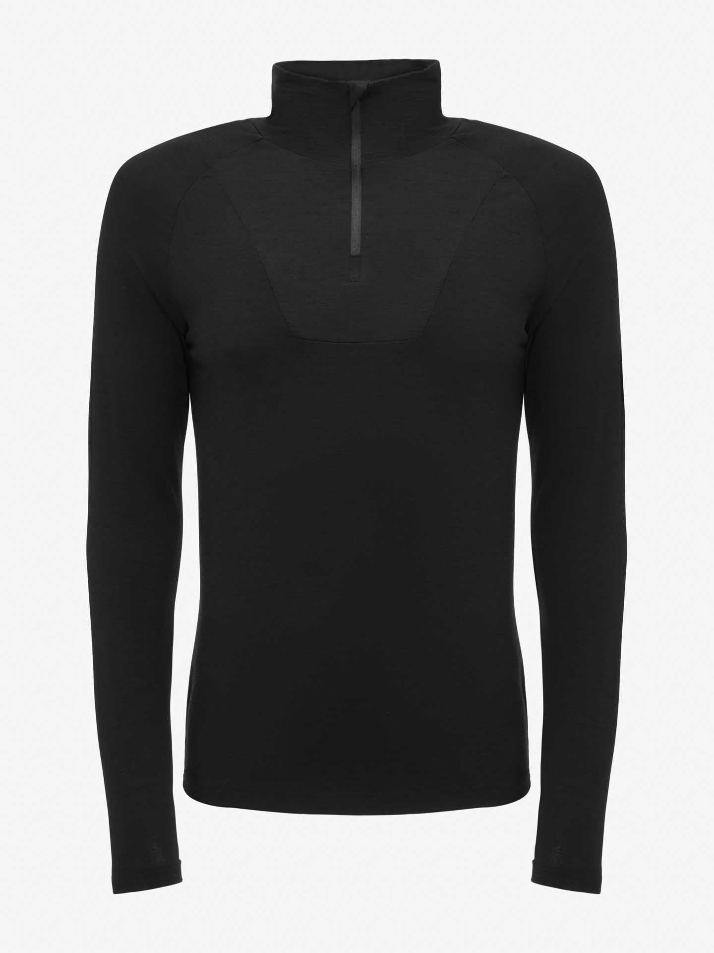 The Sno Merino Zip Up Men by We Norwegians is a black, long-sleeve fitted athletic shirt featuring a high collar and half-zipper front closure. Made from breathable merino wool, this Scandinavian luxury base-layer boasts a minimalist design ideal for both sports and casual wear. The product is displayed on a plain white background.