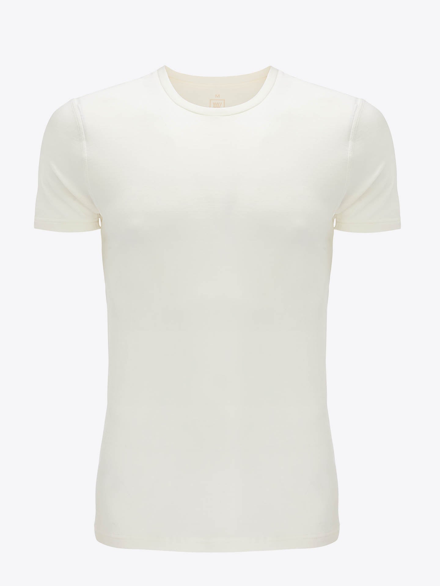 The Sno Merino Tee Men by We Norwegians is displayed against a white background. Made from premium Creora-Eco-Soft material, the plain white short-sleeve t-shirt features a round neckline without any visible designs or logos, embodying Scandinavian luxury base-layers.