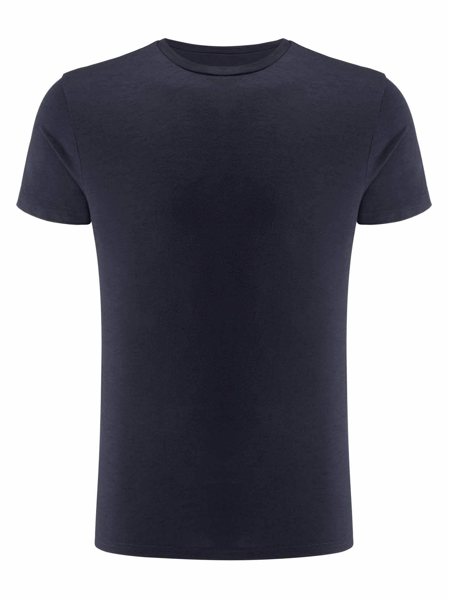 The Sno Merino Tee Men by We Norwegians is displayed against a white background. Made with Creora-Eco-Soft for exceptional comfort, this plain, short-sleeved, navy blue T-shirt features a crew neckline and a simple, classic design with no visible logos or graphics.