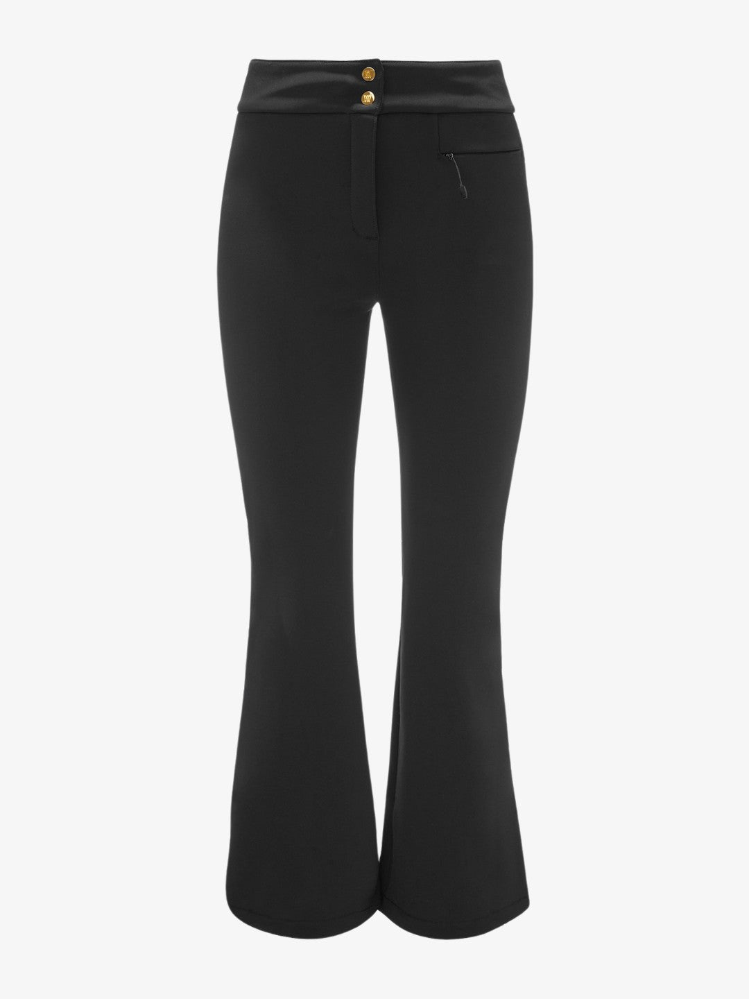 A pair of We Norwegians Kvitfjell Bootleg Ski Pant Women in black, featuring a high-waisted design, flared legs, and two gold buttons with a zipper fly closure at the waist. These pants have a pocket on the right side near the waistband and are crafted from smooth, slightly stretchy fabric.