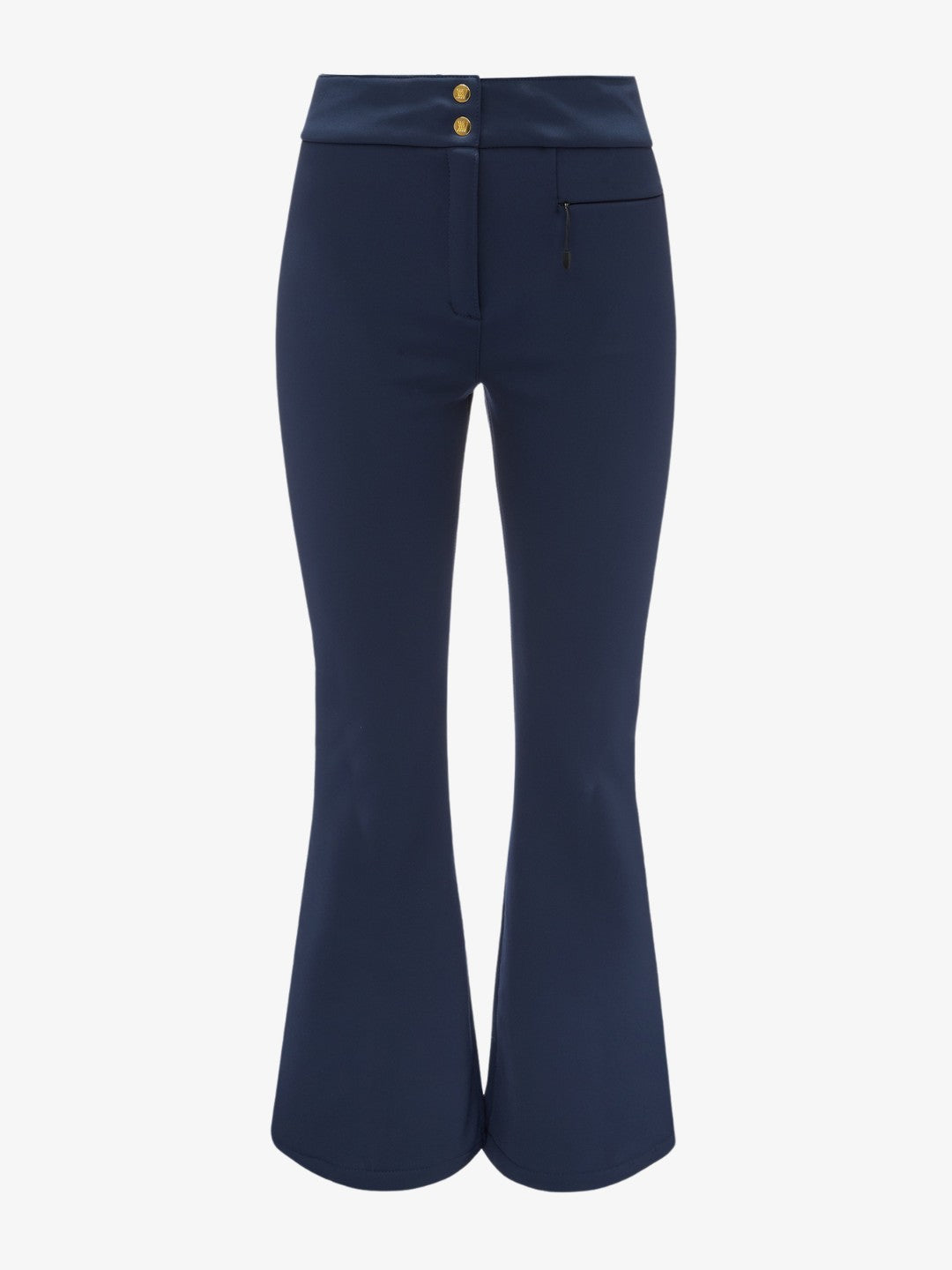 A pair of dark blue Kvitfjell Bootleg Ski Pants for women from We Norwegians featuring a high-waisted design with a front zipper and two gold buttons at the waistband. Reminiscent of traditional Kvitfjell ski pants, they include a small pocket on the right side and are crafted from 4-way stretch soft shell material for added comfort.