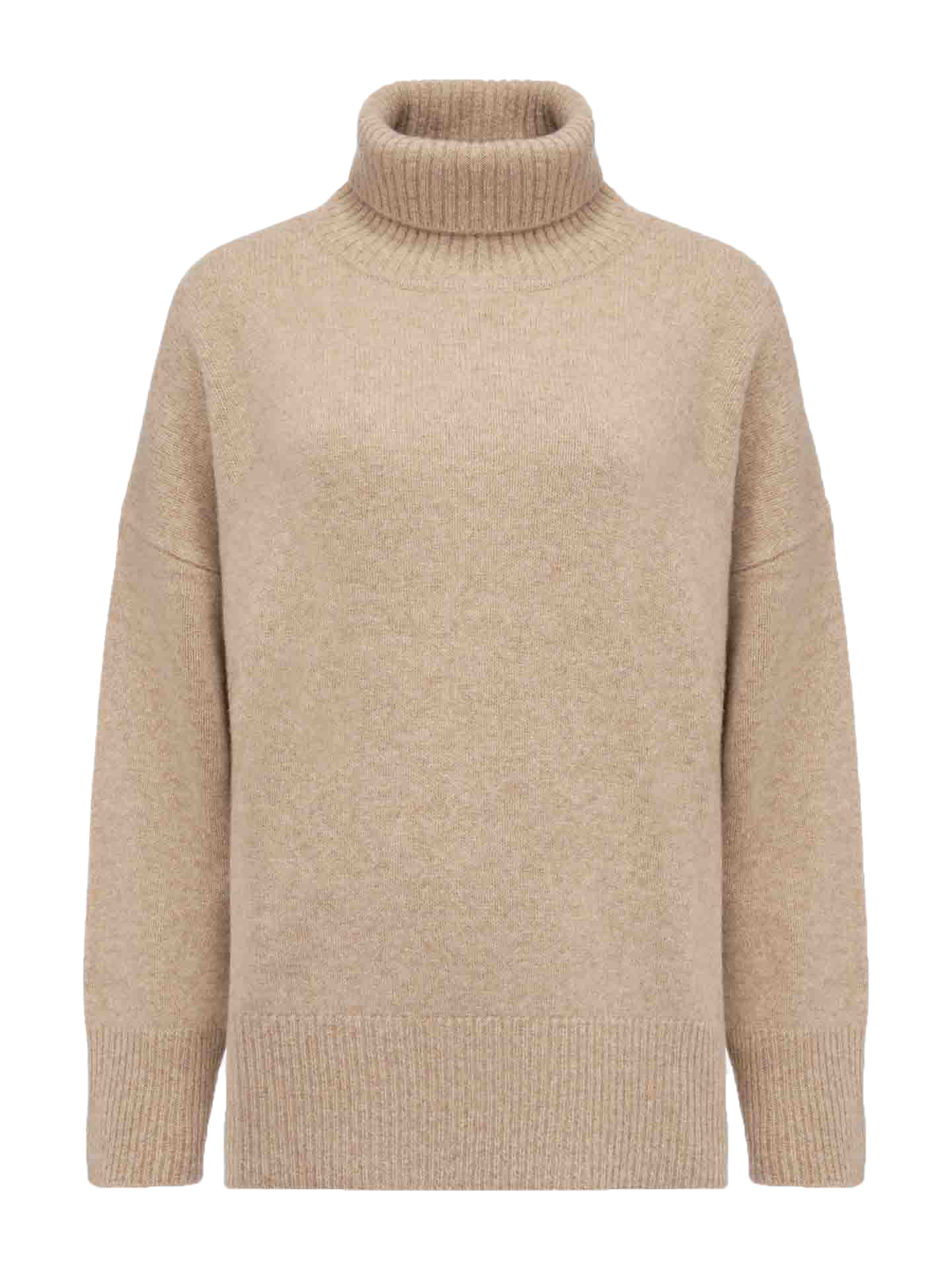 The Blefjell Sweater Women by We Norwegians is shown on a plain white background. This luxury piece features long sleeves, ribbed cuffs, and a ribbed hem with an oversized fit. The beige cashmere material appears soft and cozy, making it perfect for cold weather.