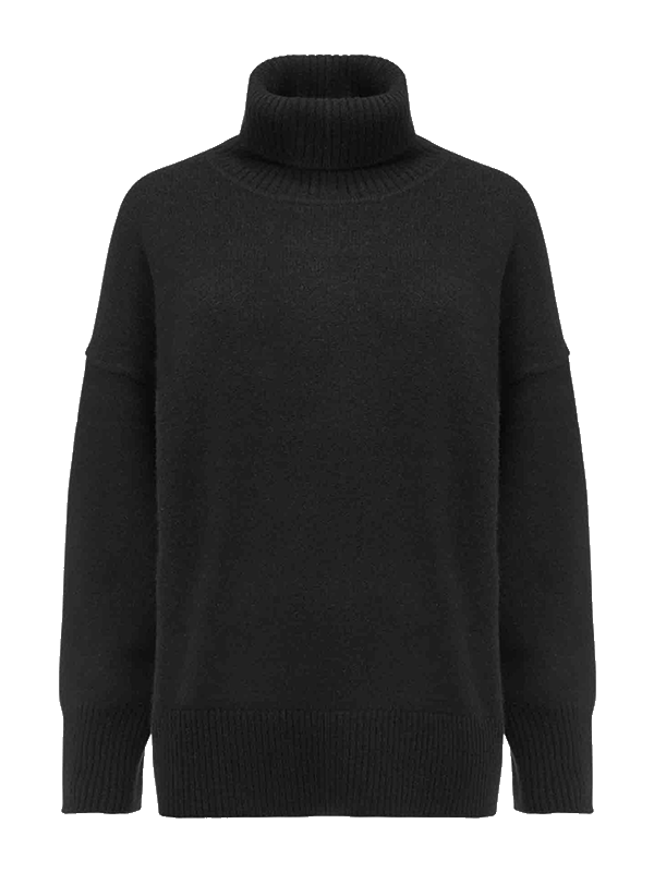 Introducing the Blefjell Sweater Women by We Norwegians: a luxurious black cashmere turtleneck with long sleeves, ribbed cuffs, hem, and neck. This elegant piece features an oversized fit and soft fabric texture, providing both comfort and style.