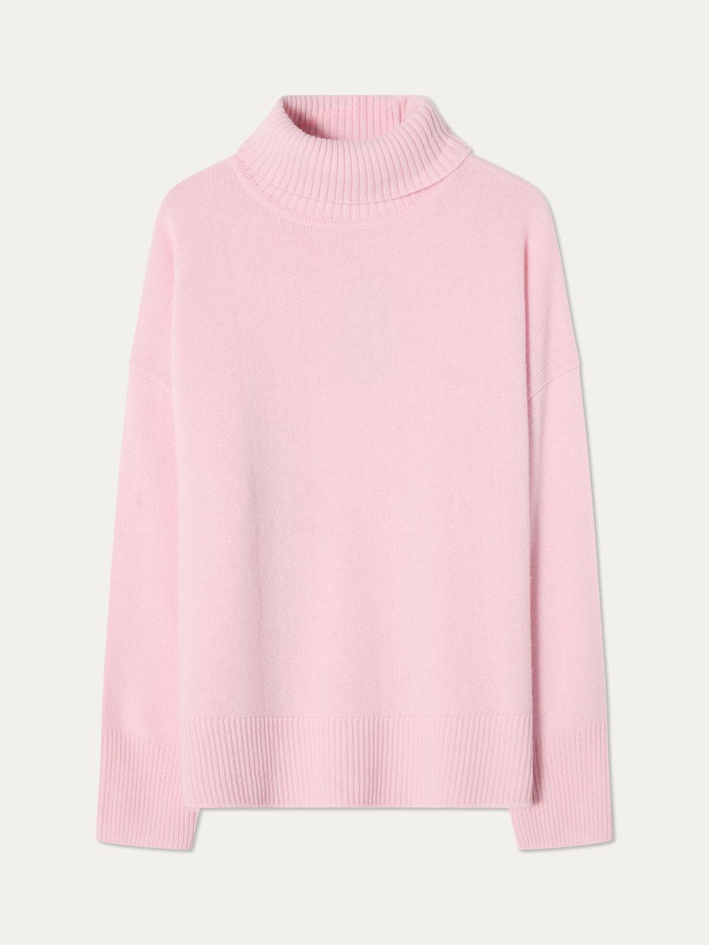 The We Norwegians Blefjell Sweater Women - Pure Cashmere is a light pink luxury knit with long sleeves, turtleneck, and ribbed cuffs, hem, and neckline, shown on a plain white background.