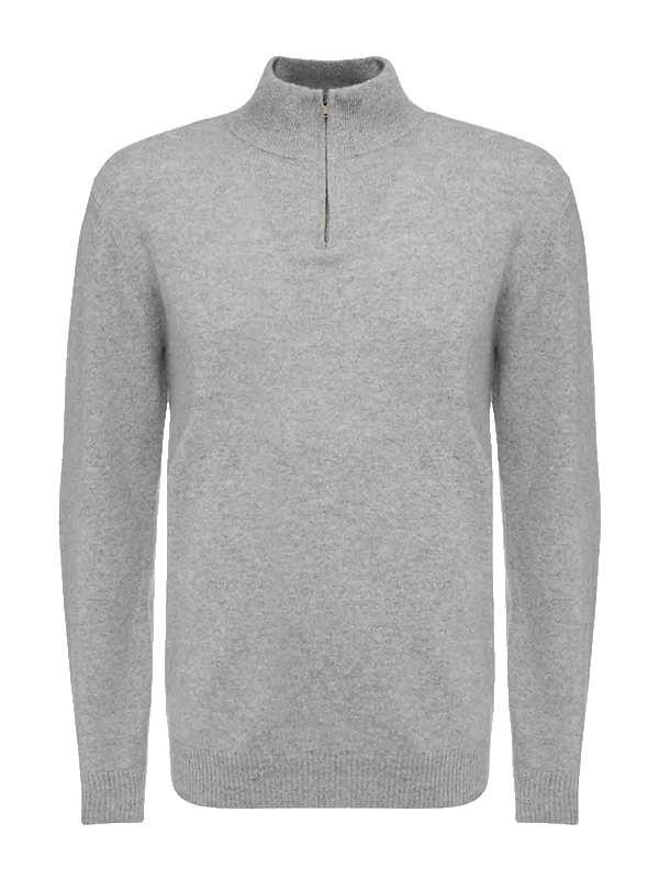 The Blefjell Zipup Men by We Norwegians is a light gray, quarter-zip cashmere sweater featuring a high collar and ribbed cuffs and hem. The YKK zipper is partially open, offering a peek at the luxurious interior. This sweater boasts a smooth, wool-like texture, making it an essential luxury staple for any wardrobe.