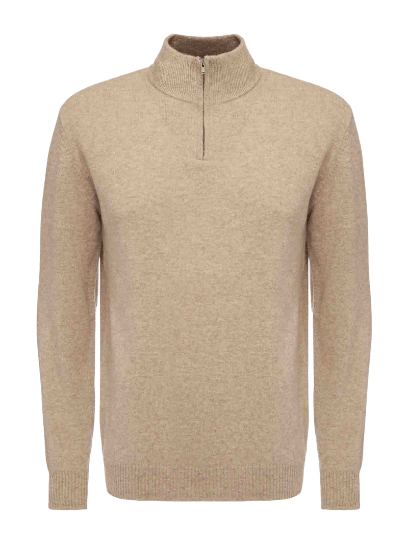 The Blefjell Zipup Men by We Norwegians is a beige, long-sleeve cashmere sweater with a high collar and a half-zipper front. Made from soft knit material, it features ribbed cuffs and hem for a snug fit. Equipped with a quality YKK zipper, its simple, minimalist design makes it versatile for both casual and semi-formal wear.