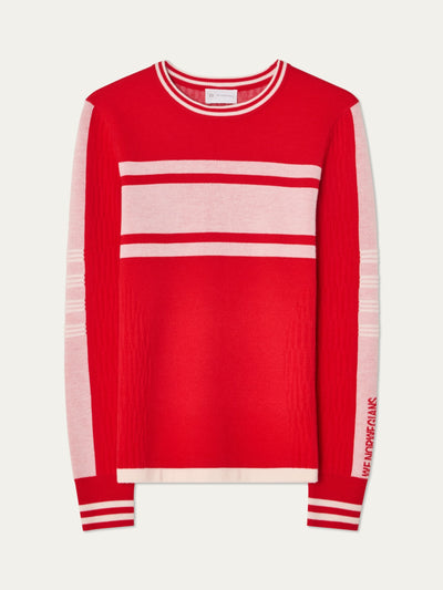 We Norwegians | FW25 | Womens Rocky Ski Sweater_Red | A mid-weight knit designed in a retro style with a round neckline and contrasting color block panels on the chest and sleeves | Shot against an off-white background