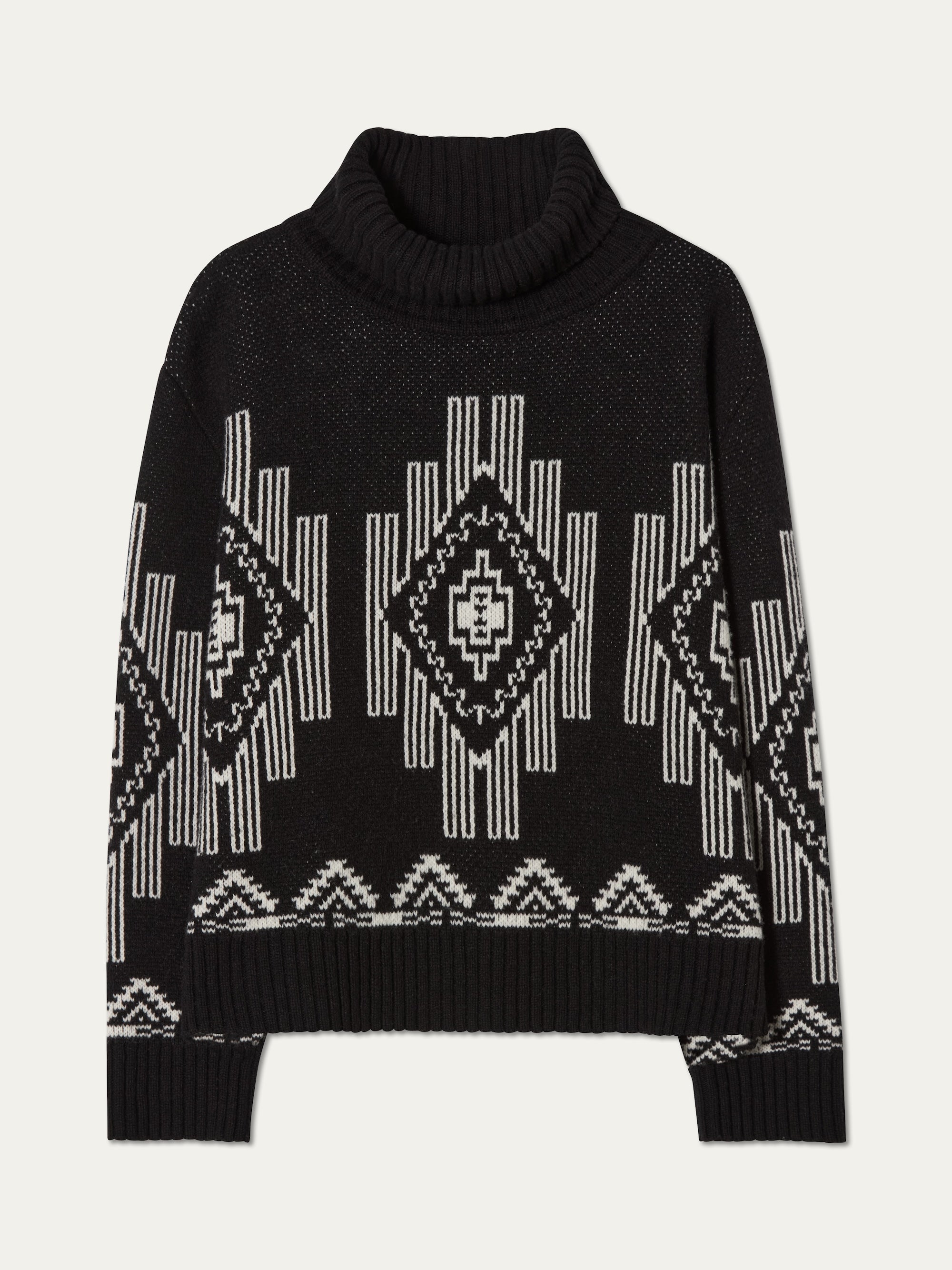We Norwegians_FW25_Womens | Kautokeino sweater in Black | Comes in a trutle neck and a striking jacquard pattern inspired by Native and Indigenous American art