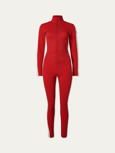 We Norwegians | FW25 | Womens Voss Jumpsuit_Red | A piqué knit jumpsuit with a front zipper opening, stand collar, white panels on the sleeves with subtle branding | Shot against an off-white background