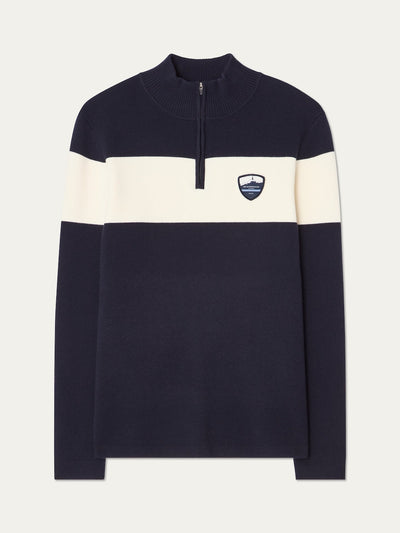 We Norwegians | FW25 | Mens Holmenkollen ZipUp_Navy blue | Merino/ Cotton knitted sweater with a 1/4th zipper opening and badge at the front | Shot against an off-white background