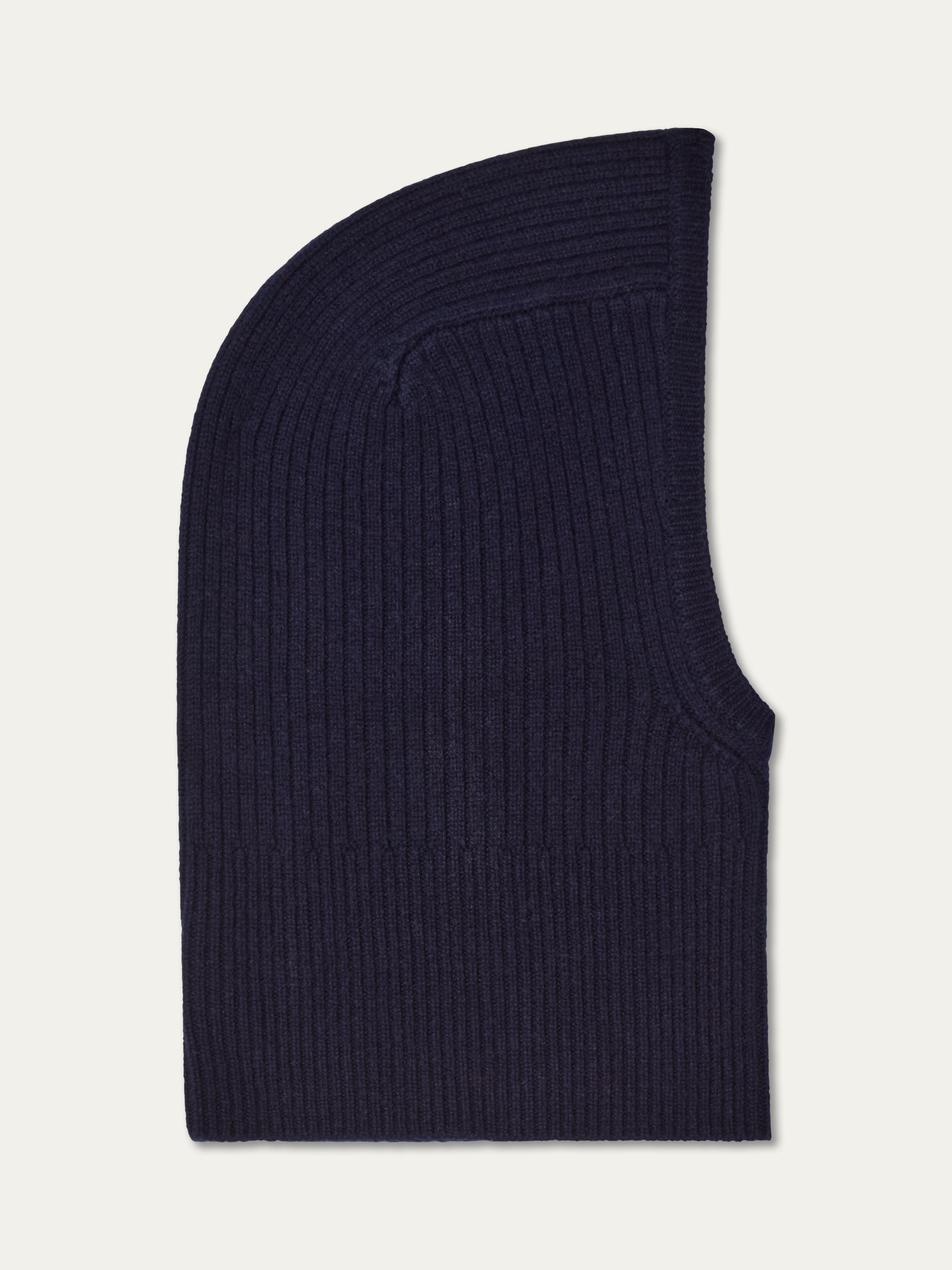 We Norwegians | FW25 | Dal Balaclava | Navy blue | Ribbed knit balaclava on an off-white background