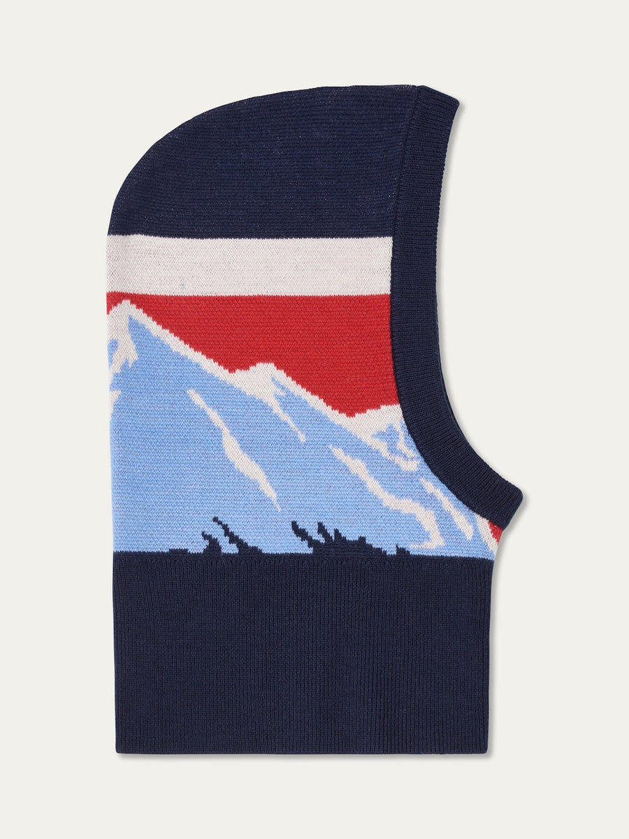 We Norwegians | FW25 | Snowmass Balaclava in navy blue with mountain design on an off-white background