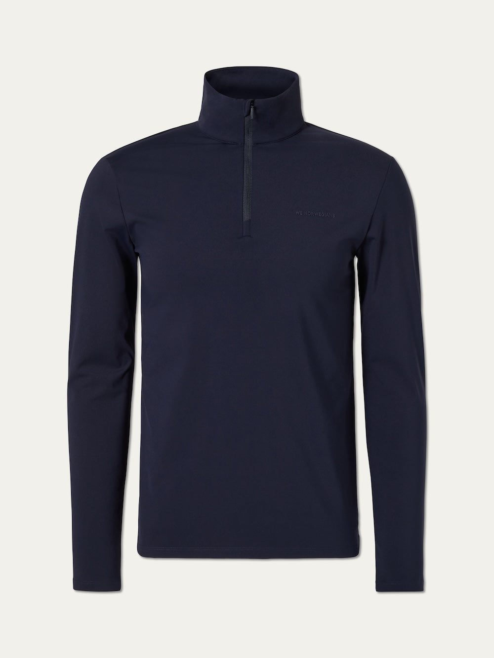 Navy long-sleeve pullover with a quarter zip on a light beige background