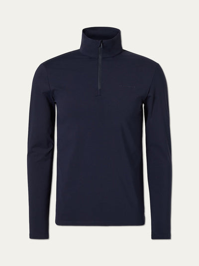 Navy long-sleeve pullover with a quarter zip on a light beige background