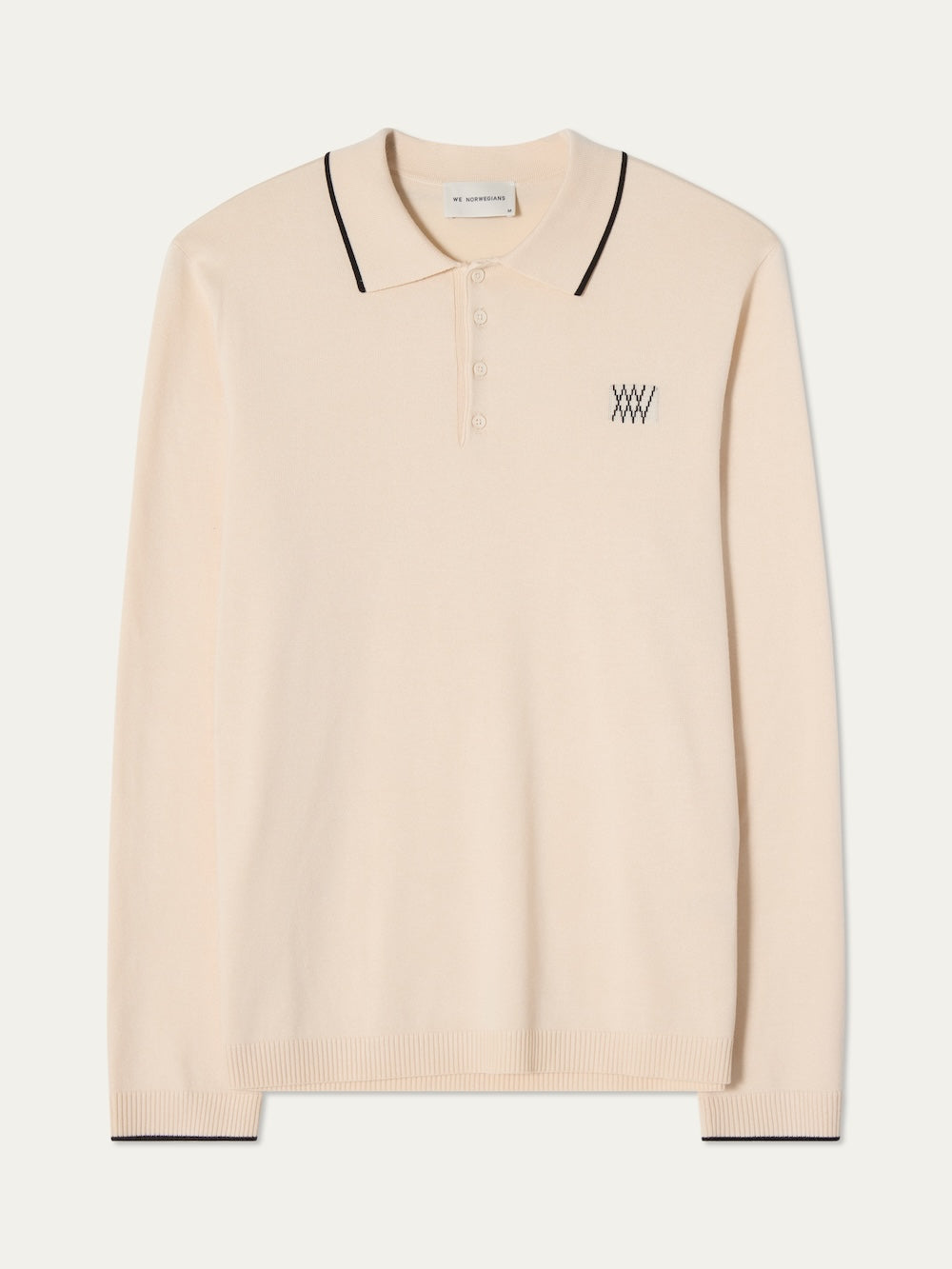 Beige long-sleeve polo shirt with black trim on an off white background