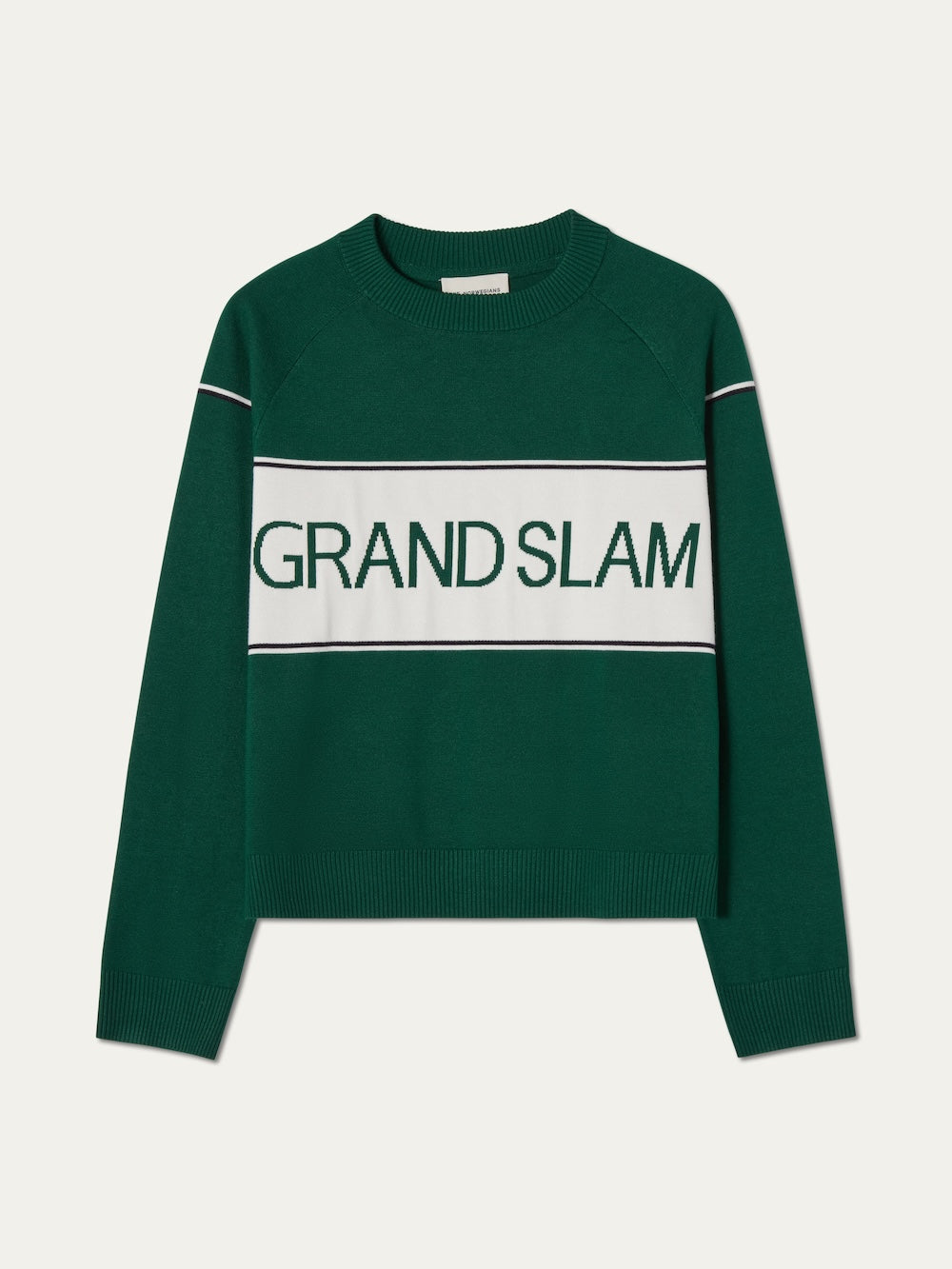 Green sweater with 'Grand Slam' text on a white background