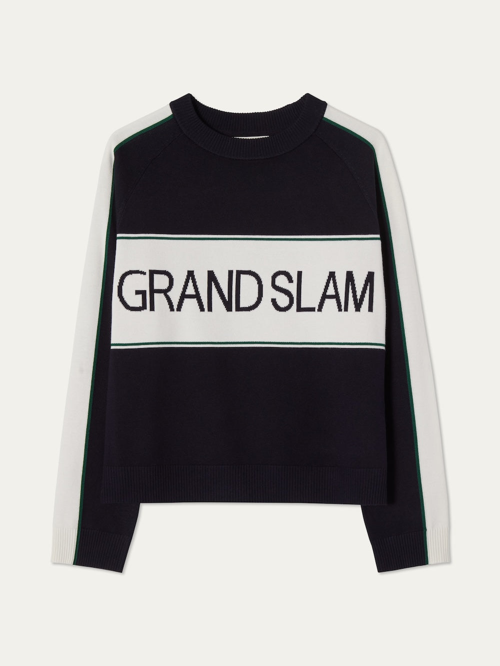 Navy blue sweater with 'Grand Slam' text on an off white background