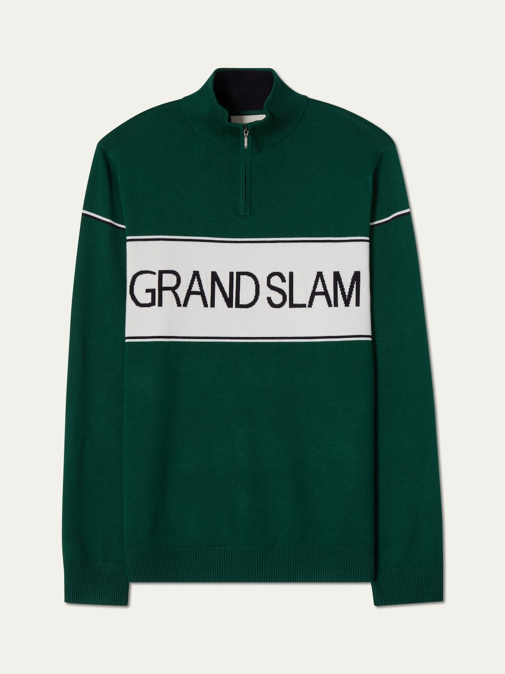 Green sweater with 'Grand Slam' logo on an off white background