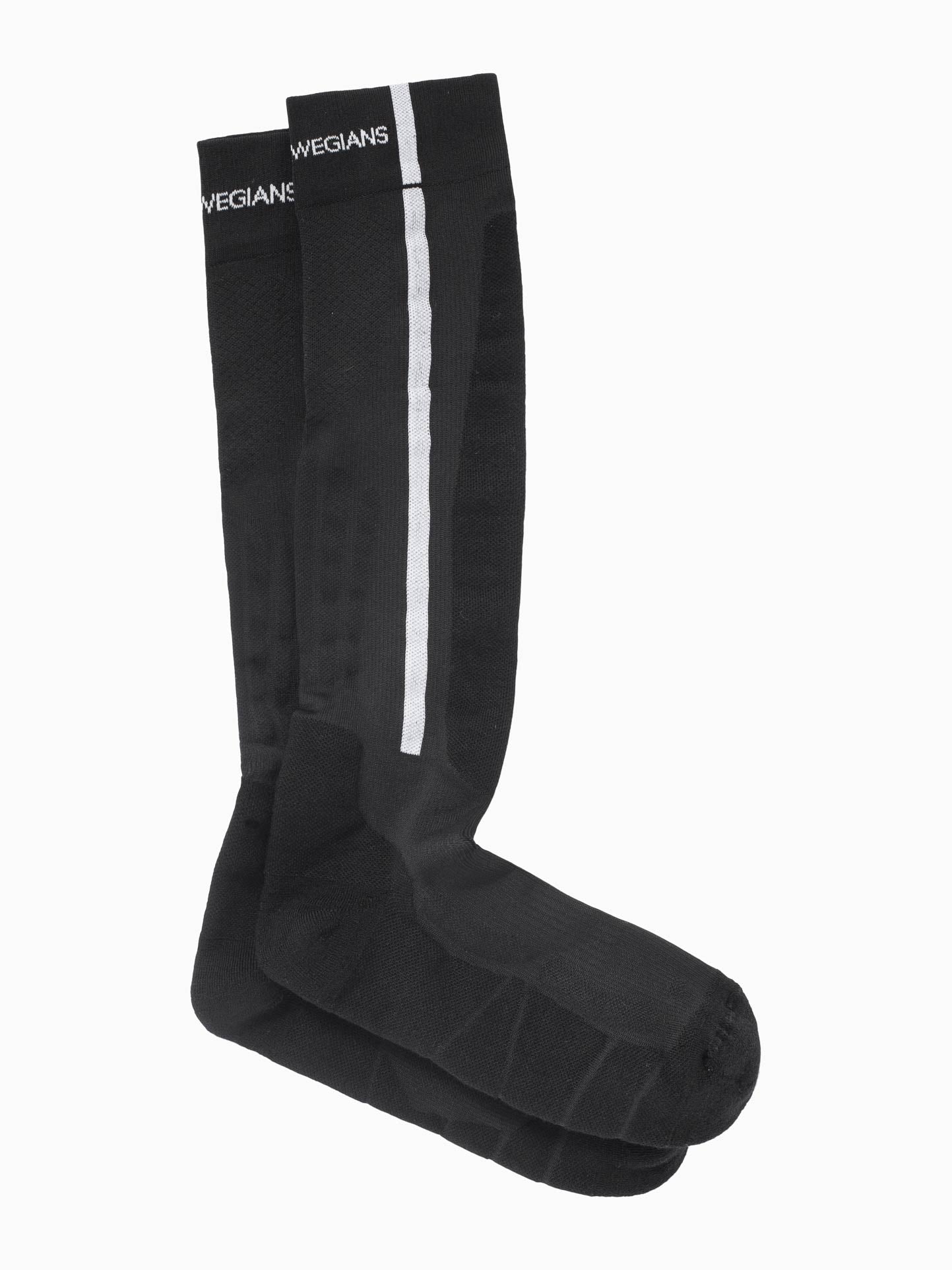 The Rocky Ski Socks by We Norwegians are long, black wool-knit socks with a white vertical stripe and "WEGIANS" at the top, ideal for seamless skiing or unisex wear.