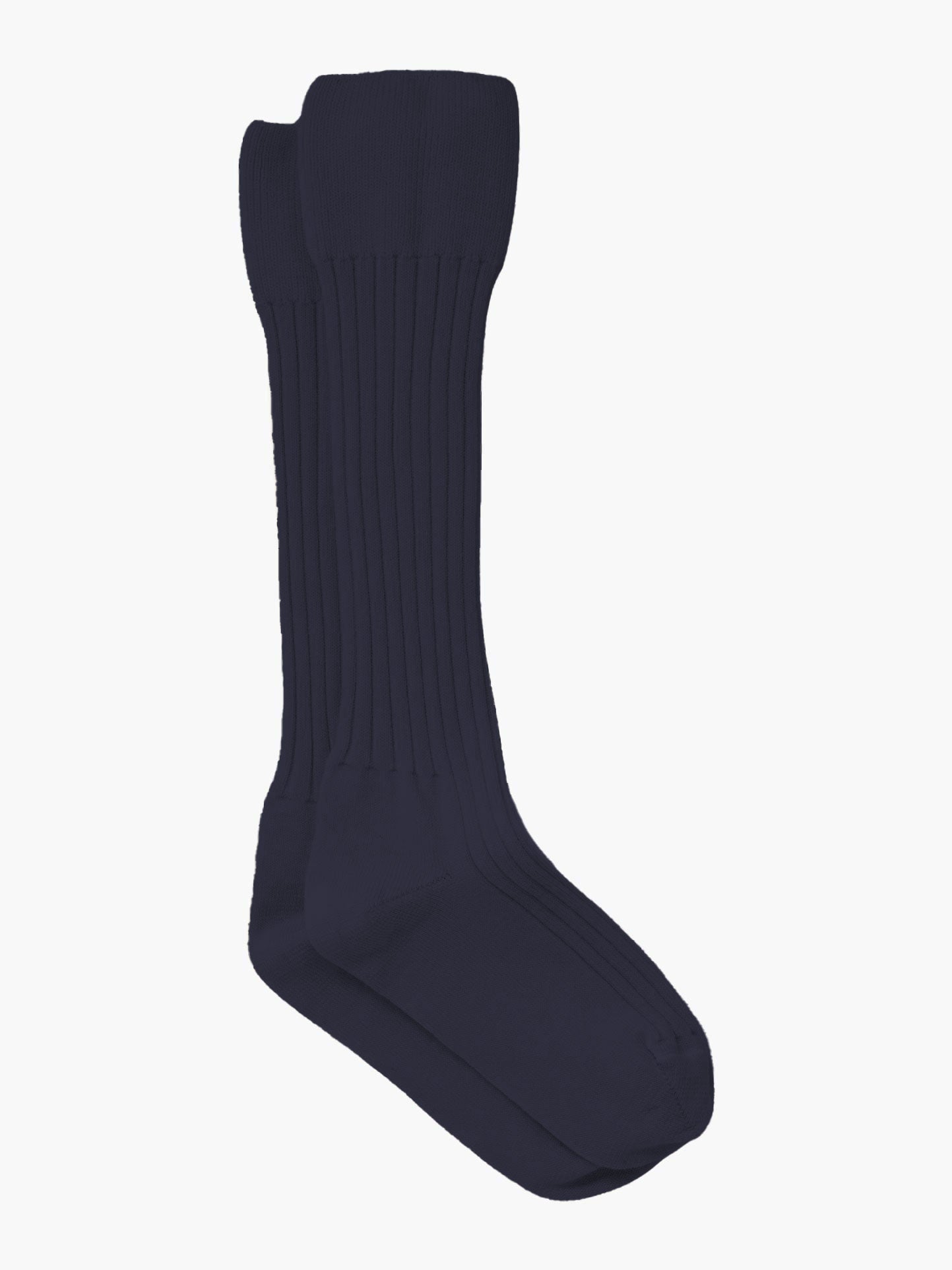 Two Telemark socks by We Norwegians, black knee-high unisex with a ribbed texture, crafted from a cozy wool blend, are stacked together on a plain white background.